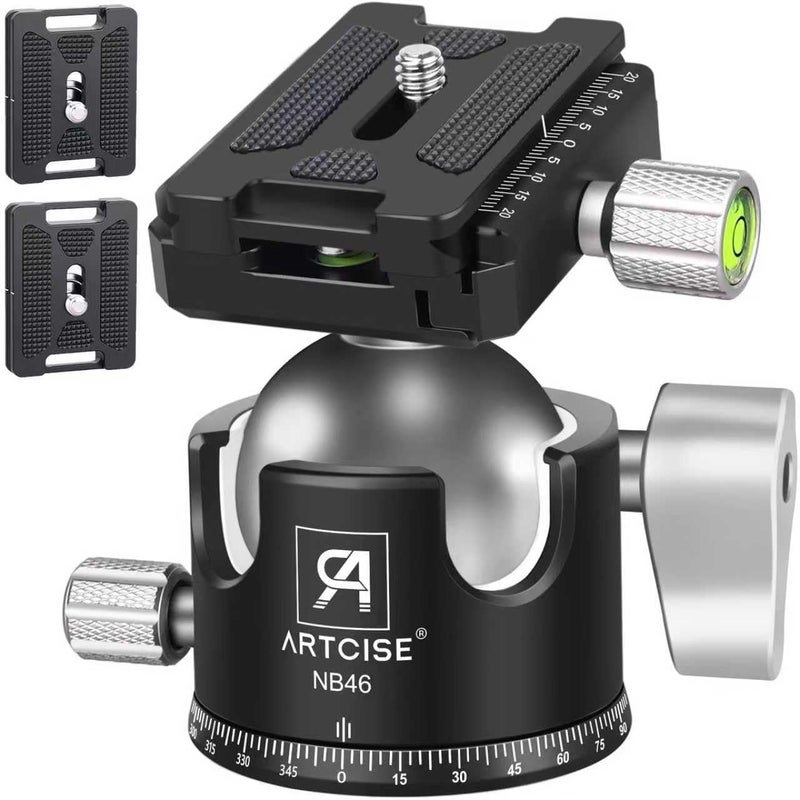 ARTCISE Tripod Ball Head Low Profile Tripod Head All Metal Camera Tripod Head 44lbs/20kg Load with Three Arca Swiss Quick Release Plate for Tripod, Monopod, DSLR, Camera - Image 1